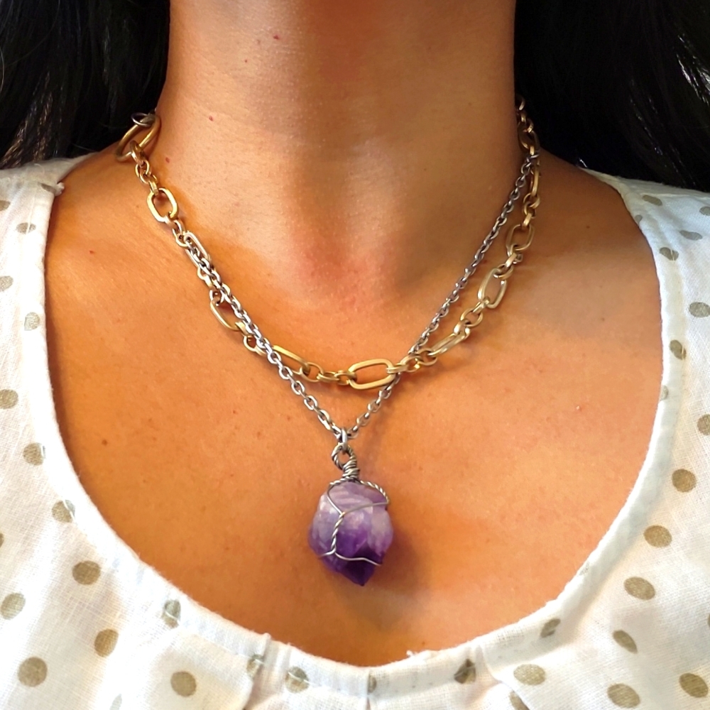 Two Toned Large & Small Chain Necklace W Purple Amethyst Stone